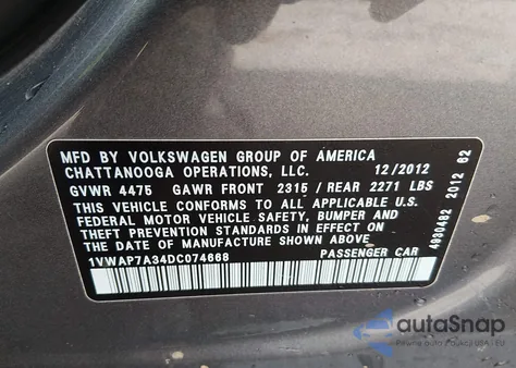 2013 Volkswagen Passat S z USA, uszkodzony, nr VIN 1VWAP7A34DC074668